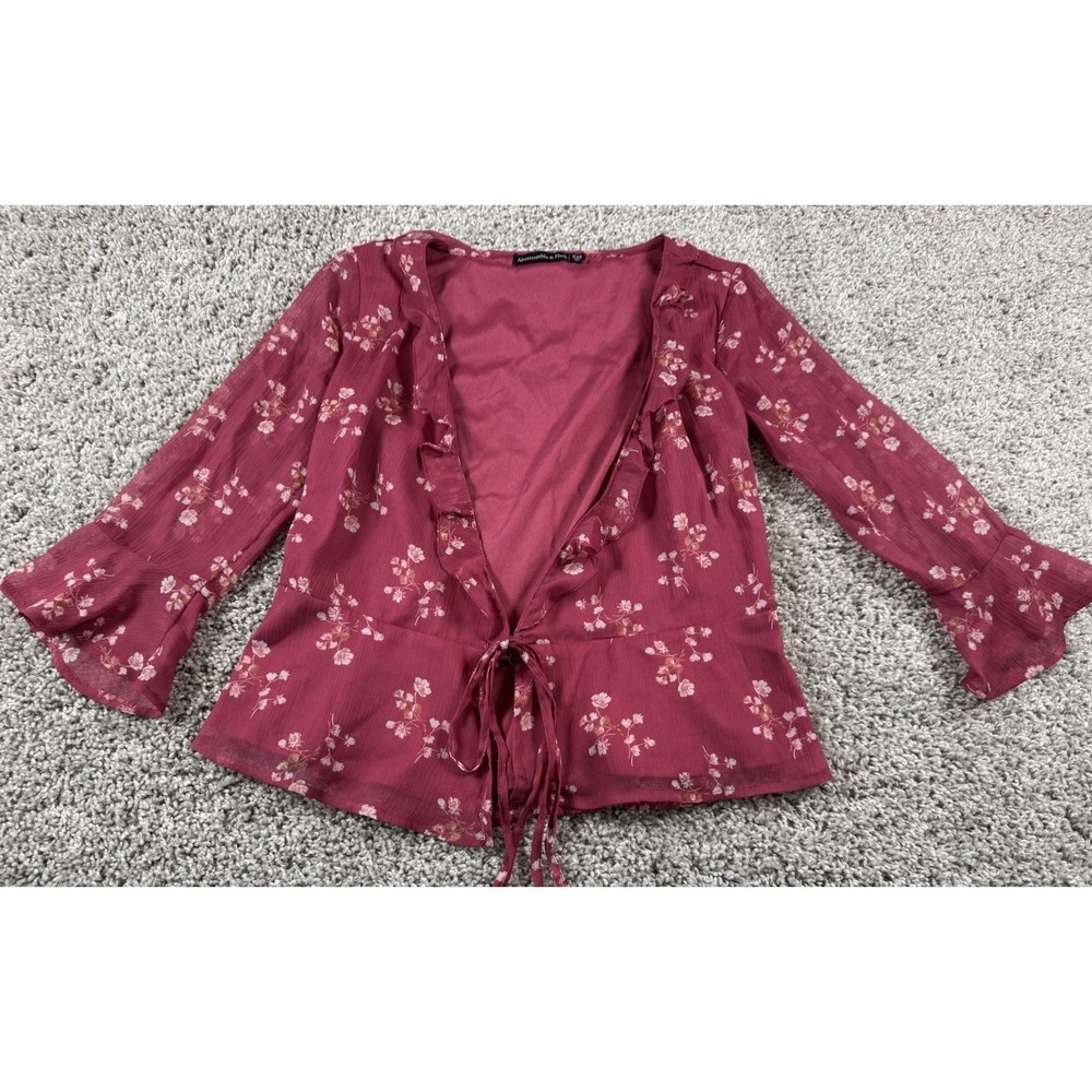 Abercrombie & Fitch Womens Sheer Top Shirt Blouse Burgundy Floral Tie‎ XXS